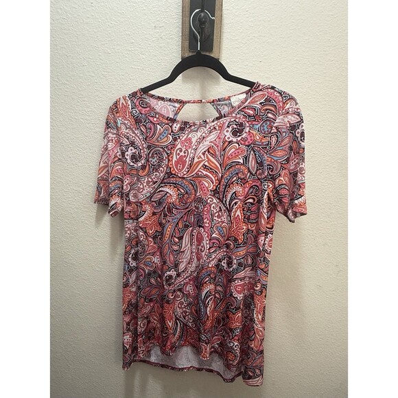 Chico's Size 0 Paisley Tunic Top Blouse Short Sleeve Stretch Orange Pink - Picture 1 of 8